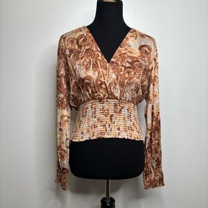 Anthropologie Tiny Valentina Surplice Top Brown Tan Blue Size L